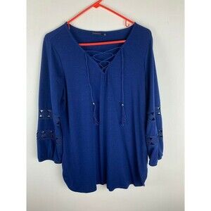 Hannah Womens Size Medium Top Embellished Open Lace Sleeves Navy Tunic Side Slit